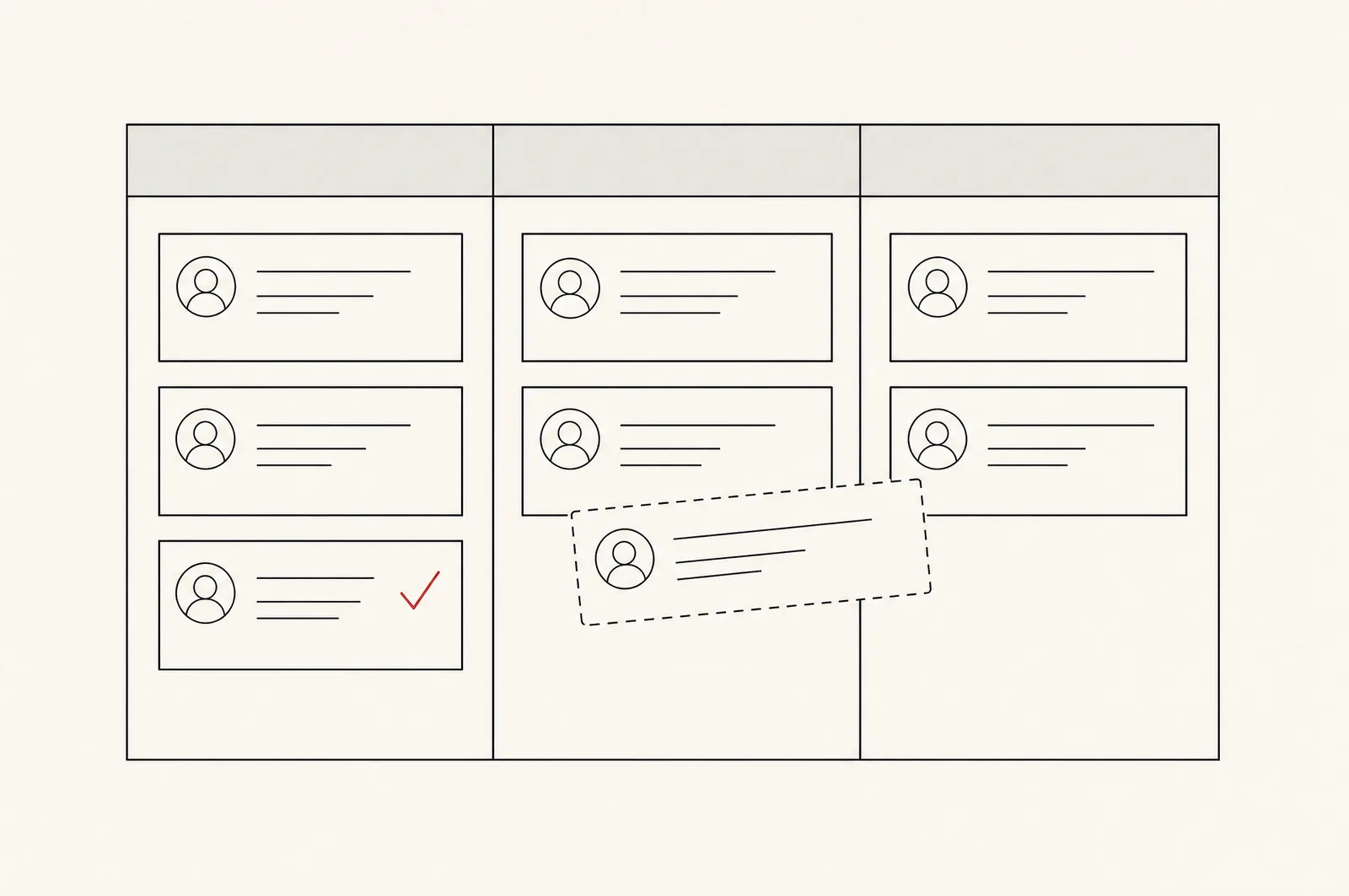 Line illustration: a three-column kanban board, one card mid-drag, a red tick on a completed card